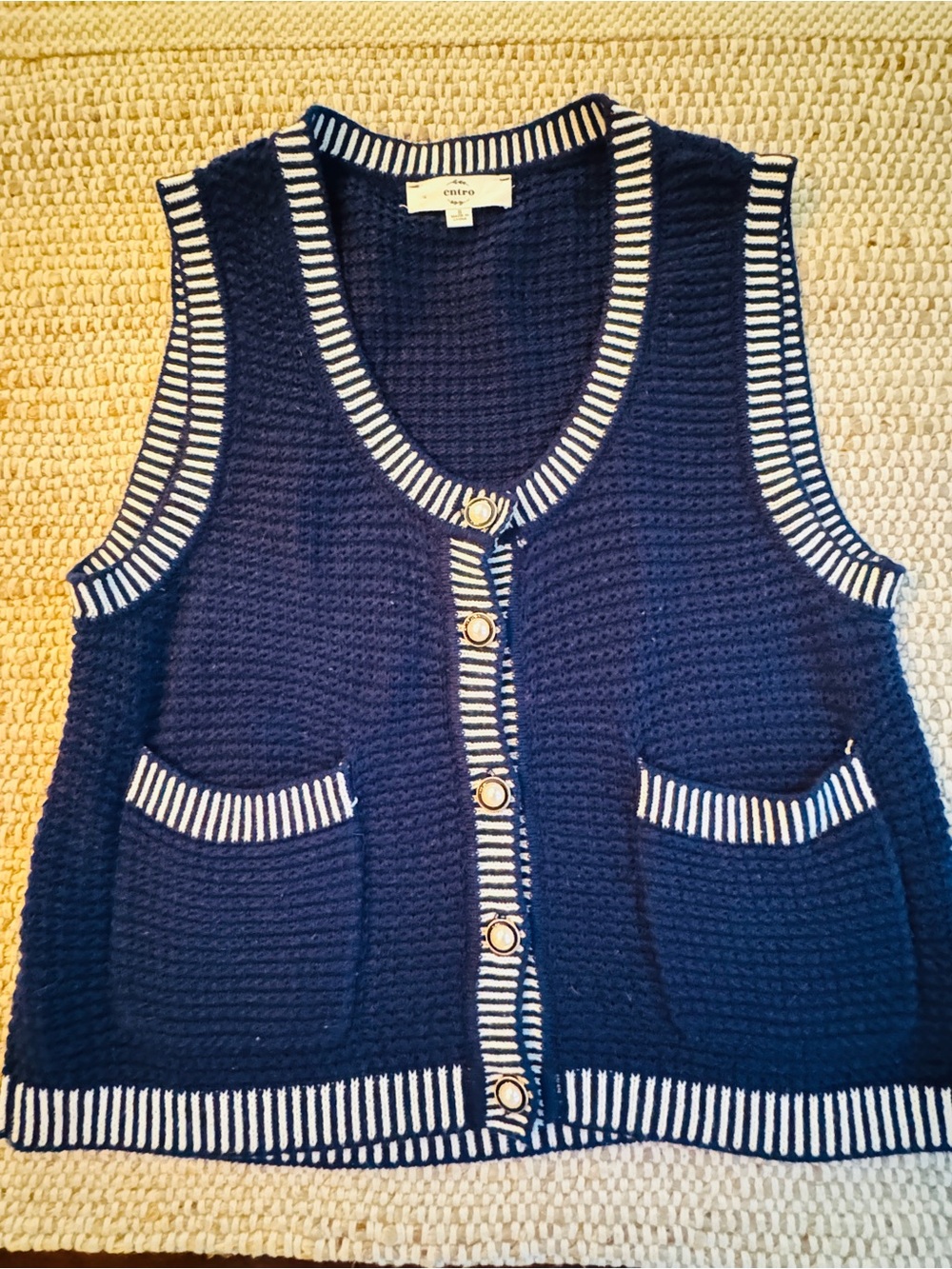 Entro Navy Ivory Sweater Vest Small Gold Pearl Buttons Preppy Coastal Cotton